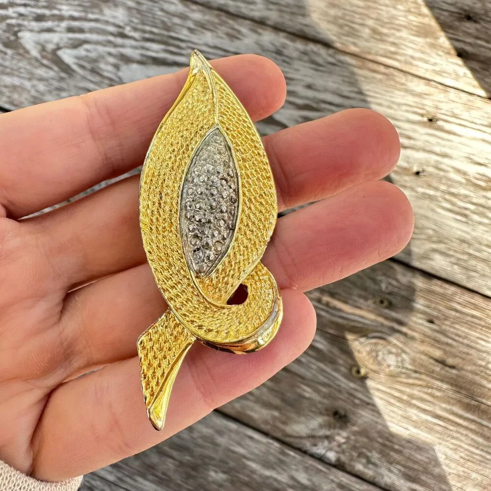 Vintage Jewelry Gold and Silver Tone Lead Brooch Abstract Leaf Pin